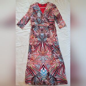 Ellen Tracy Long Sleeve Multi Colored V-Neck Maxi Dress XL